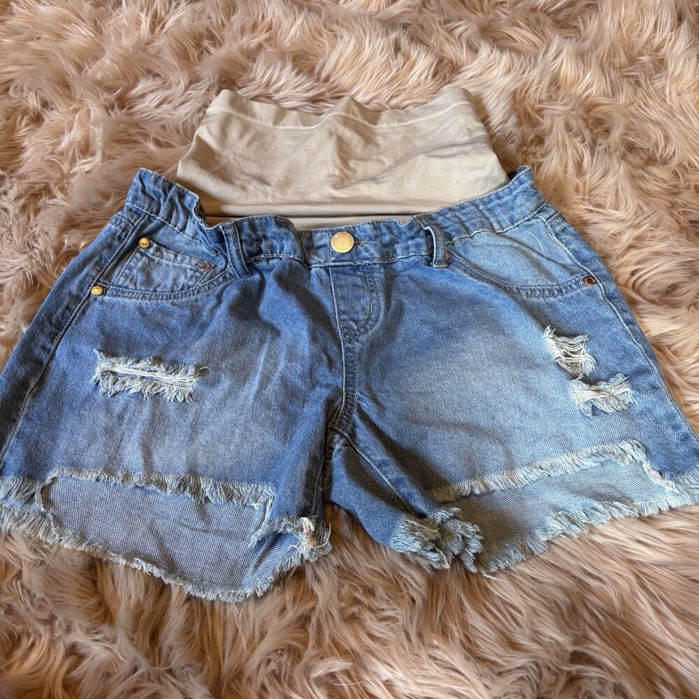 Haute Mama Denim Maternity Shorts Blue Frayed Hem Small New With Tags